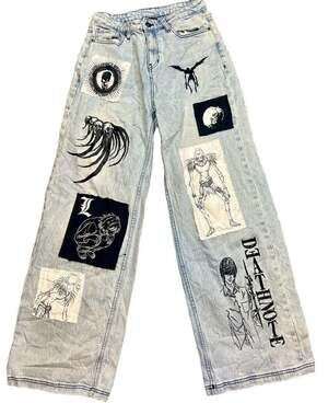 Hot Topic Death Note Custom Patch Wide Leg Light Wash Denim Jeans